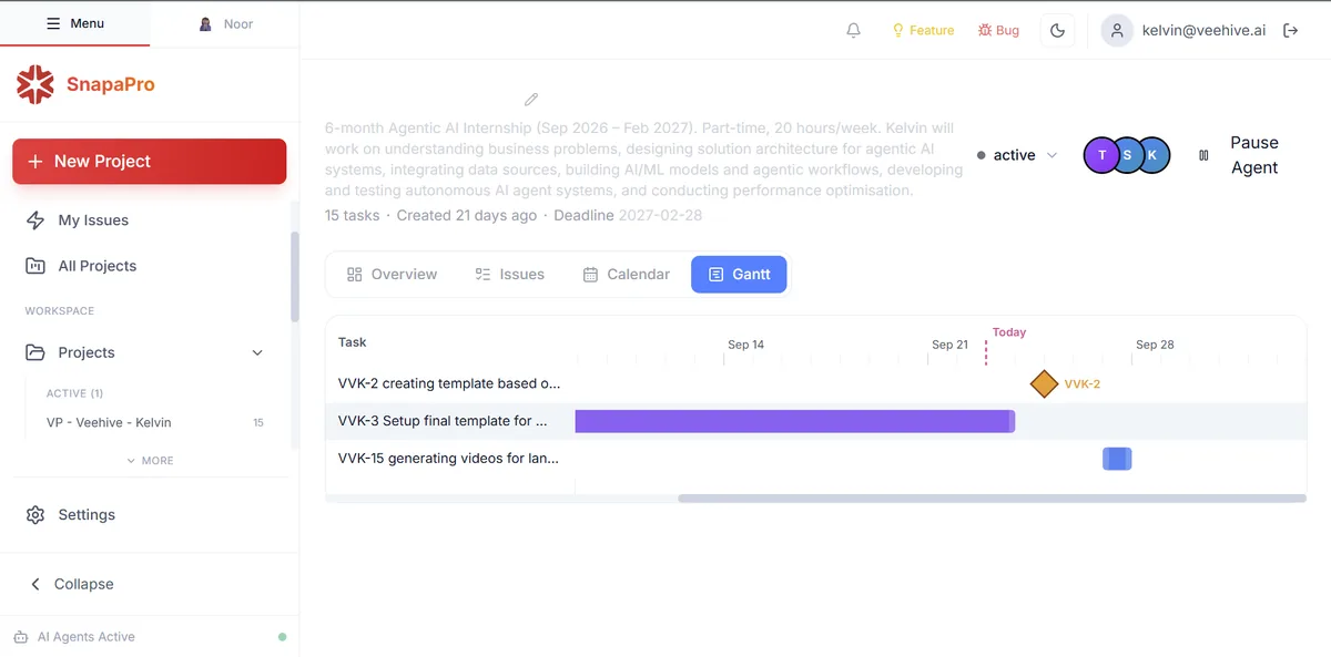SnapaPro Gantt view showing the project timeline and critical path